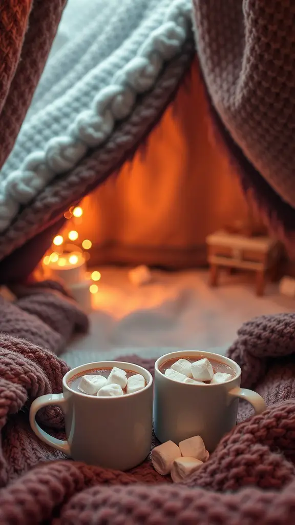 23 Creative Blanket Fort Ideas for Ultimate Cozy Fun 16 Two mugs of hot chocolate with marshmallows in a cozy blanket fort