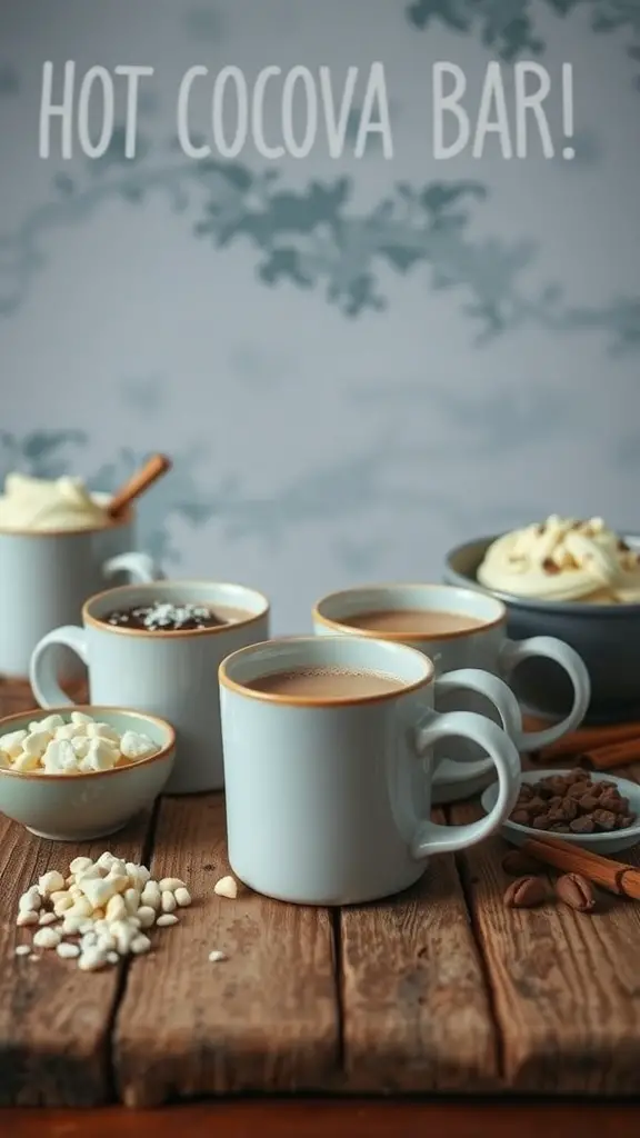 23 Creative Baby Shower Ideas for December Celebrations 6 A cozy hot cocoa bar with mugs, toppings, and a rustic wooden table.