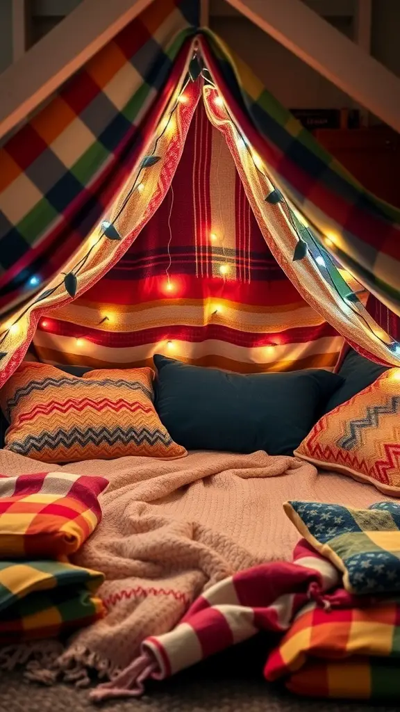 13 Creative Fort Ideas for Endless Indoor Fun 3 A cozy indoor blanket fort made of colorful blankets and pillows, with twinkling lights.