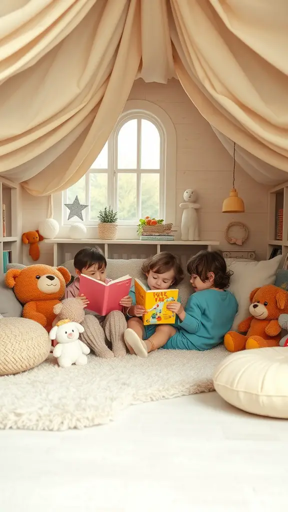 25 Adorable DIY Kids Playhouse Ideas for Endless Fun 14 Children reading books in a cozy indoor playhouse filled with soft pillows and plush toys.