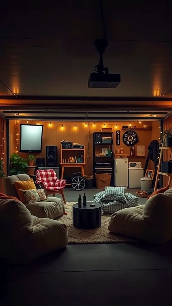 27 Creative Garage Hangout Ideas for Ultimate Chill Time 5 A cozy garage setup with bean bag chairs, warm lights, and a projector for movie nights.