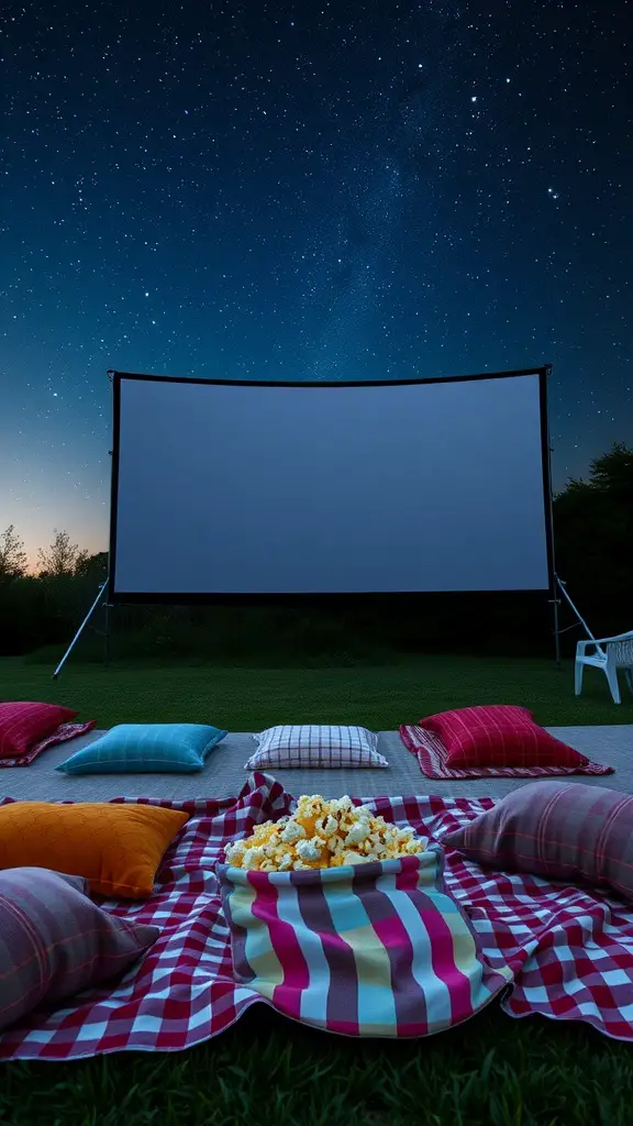 17 Fun Outdoor Birthday Party Ideas for an Unforgettable Celebration 11 An outdoor movie setup with a large screen, colorful pillows, and a bowl of popcorn under a starry sky.