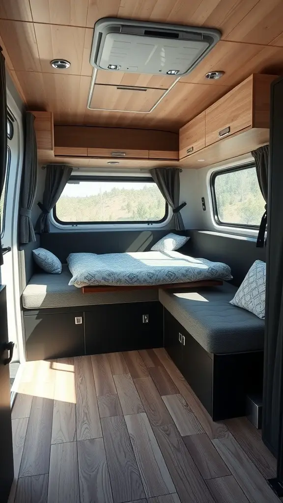 Interior of a small camper showing a cozy seating area that doubles as a bed, with storage cabinets above and wooden flooring.