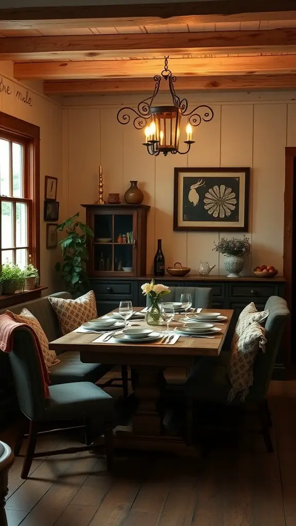 19 Stunning Modern Farmhouse Dining Room Ideas You’ll Love 16 Cozy modern farmhouse dining nook with wooden table, upholstered chairs, and warm lighting.
