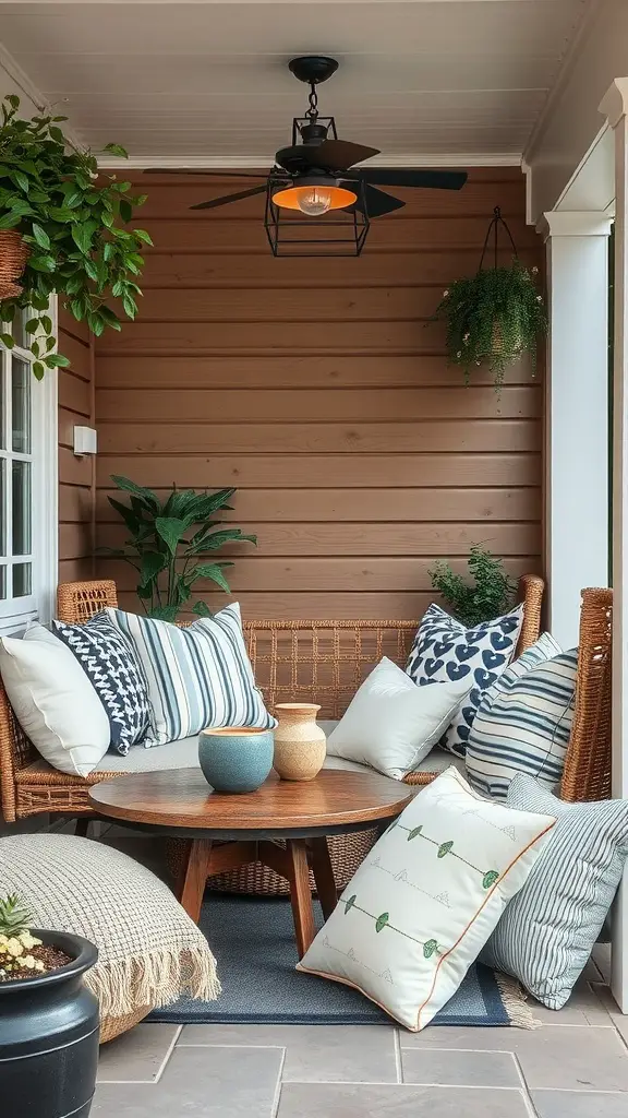 23 Charming French Patio Ideas to Transform Your Outdoor Space 17 Cozy patio nook with a wicker sofa, colorful throw pillows, a round table, and hanging plants.