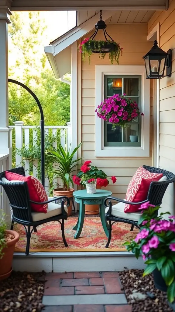 13 Simple Landscaping Ideas for Your Front Yard 10 Cozy outdoor seating area with two chairs, a small table, and colorful plants.