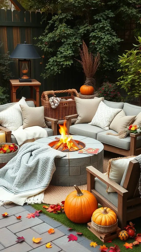 Cozy outdoor seating area with a fire pit surrounded by pumpkins and autumn leaves.