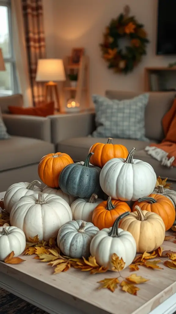 A cozy indoor setup featuring a variety of pumpkins and autumn leaves on a wooden table, with soft lighting and warm decor in the background.
