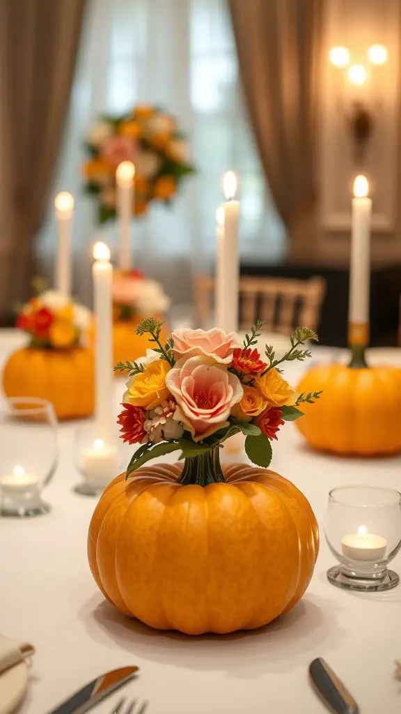 15 Adorable Ideas for a Pumpkin Baby Shower Theme 2 A cozy baby shower table with pumpkin centerpieces, floral arrangements, and candles.