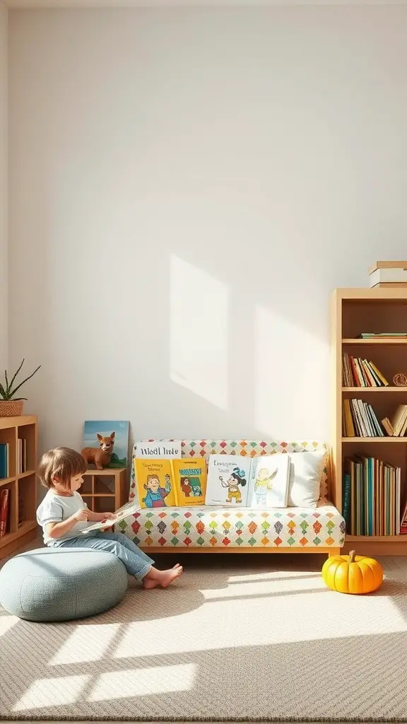 21 Inspiring Montessori Room Ideas for Creative Spaces 2 A cozy reading nook with a child reading on a colorful couch, surrounded by books and a soft rug.