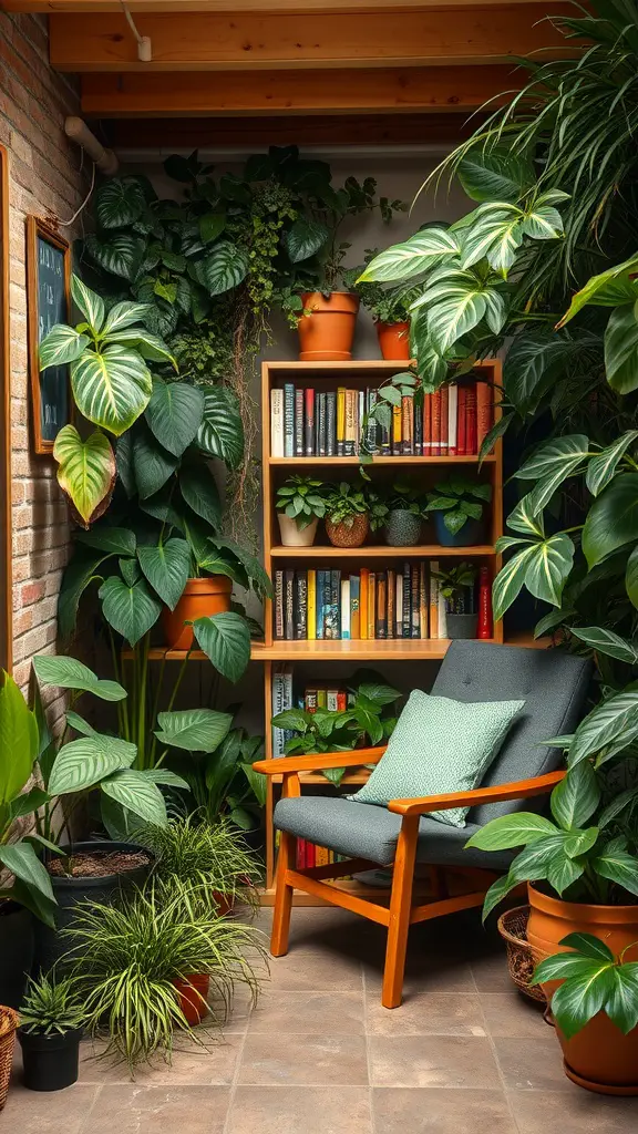 Cozy reading nook with a chair and bookshelves surrounded by plants.