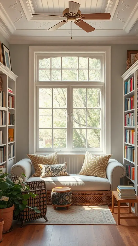 Cozy reading nook with sofa, built-in shelves, and natural light