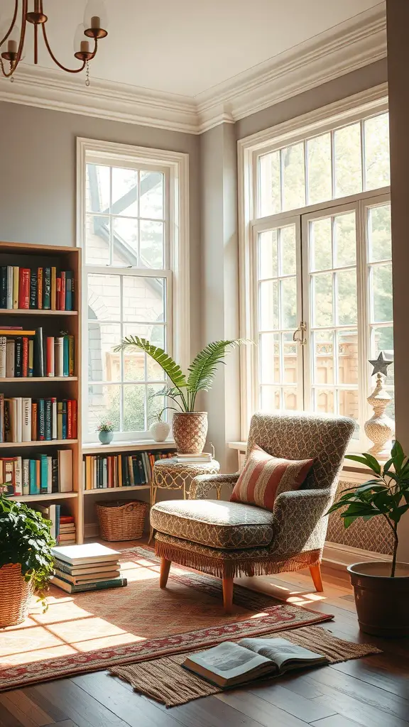 19 Stunning Indoor Sunroom Ideas You’ll Love 9 Cozy reading nook with large windows, a comfortable armchair, bookshelves filled with books, and plants.