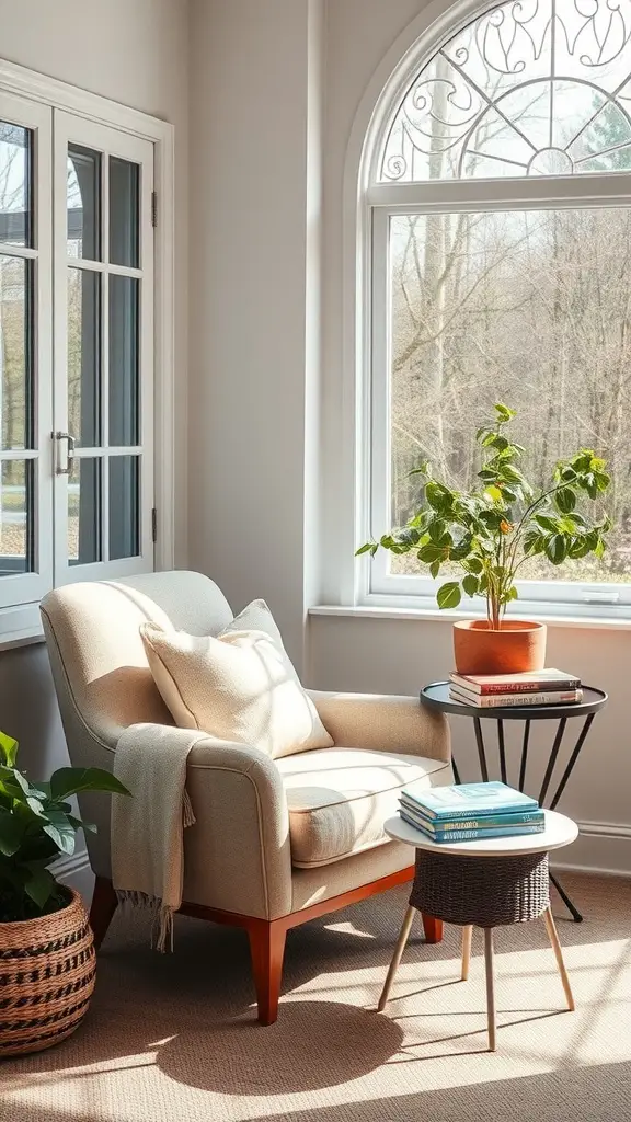 A cozy reading nook featuring a plush beige chair with pillows, a small side table with books, and a window letting in natural light.