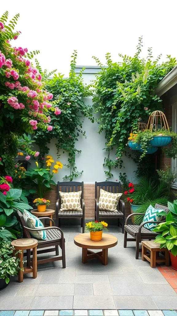 Outdoor seating area with wooden chairs and colorful plants