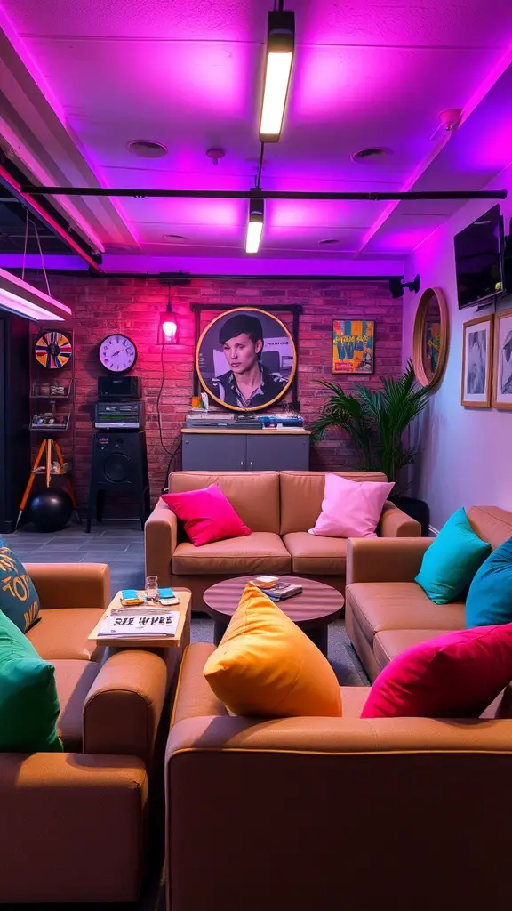23 Stylish Garage Lounge Ideas You’ll Love 5 Cozy seating arrangement in a garage lounge with colorful cushions and warm lighting.