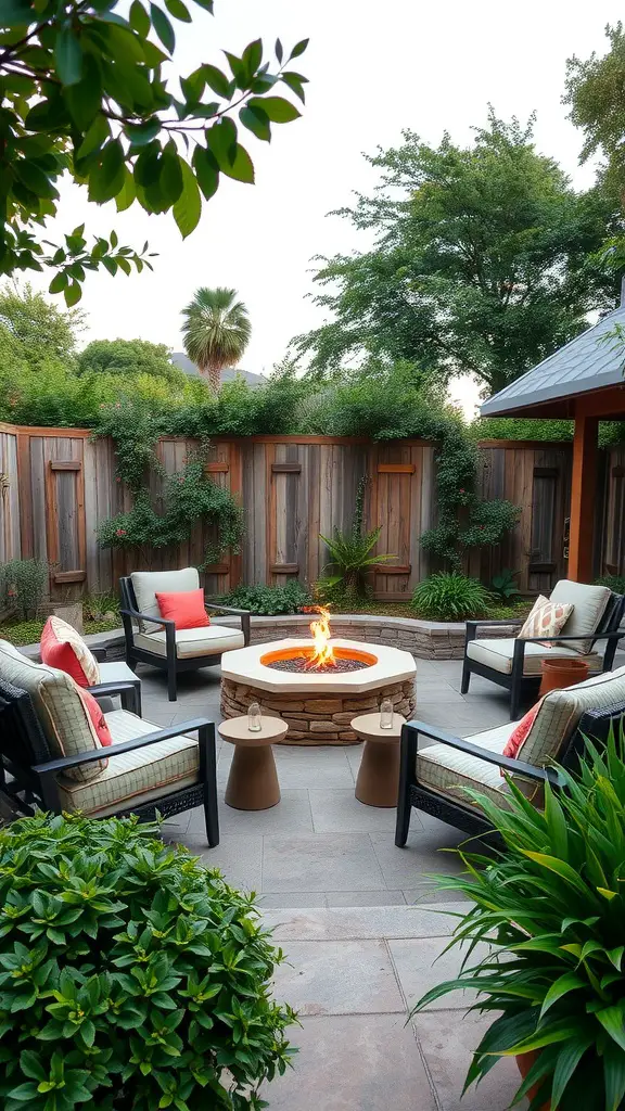 15 Stunning Fire Pit Landscaping Ideas for Your Outdoor Space 8 Cozy seating arrangement around a fire pit with green plants and a wooden fence.