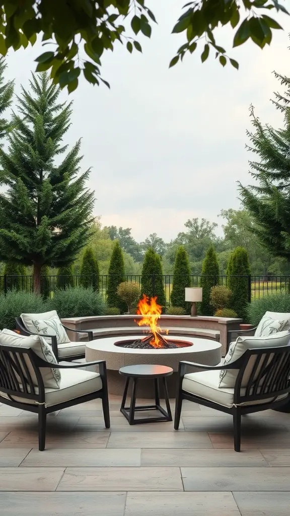 17 Stunning Outdoor Fire Pit Area Ideas for Cozy Gatherings 4 Cozy outdoor seating area featuring a fire pit surrounded by stylish chairs and greenery.