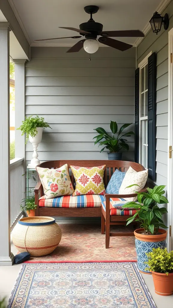 21 Charming Small Back Porch Ideas to Transform Your Outdoor Space 8 Cozy seating nook on a back porch with colorful cushions and plants.