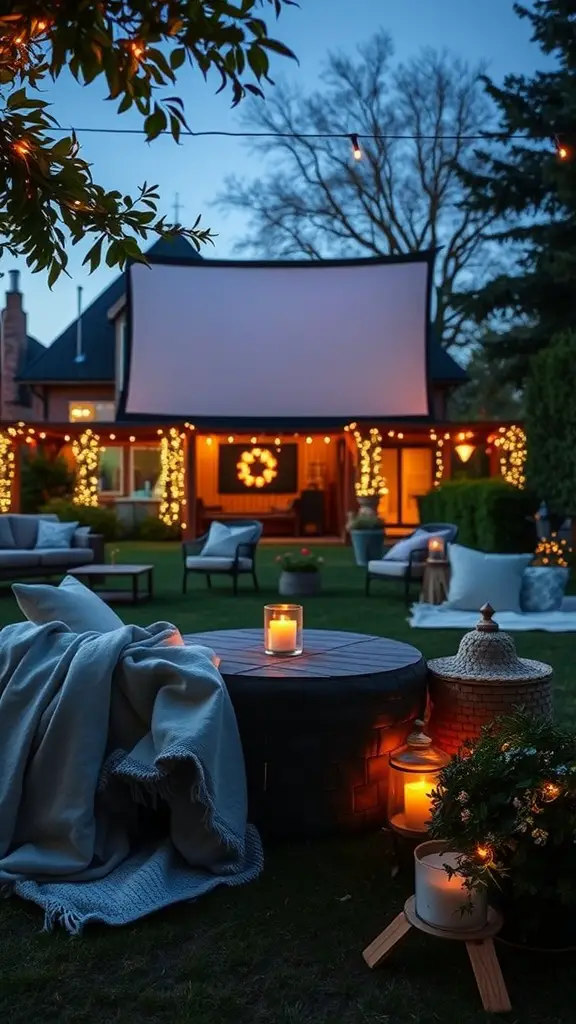 19 Creative Ideas for Epic Backyard Movie Nights 6 Backyard setup for a movie night with fairy lights, a large screen, comfortable seating, and a cozy atmosphere.