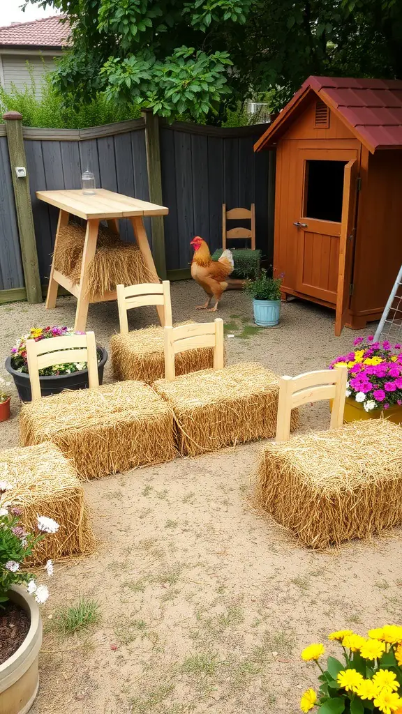 15 Creative Chicken Coop Decor Ideas to Enhance Your Backyard 13 A cozy outdoor seating area with straw bales and a chicken in a backyard.
