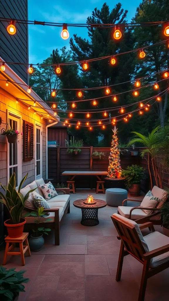 A back patio decorated with cozy string lights, showcasing a seating area with plants and a fire pit.