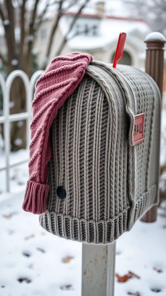 A mailbox covered in a cozy knitted sweater and a pink scarf, set against a snowy background.