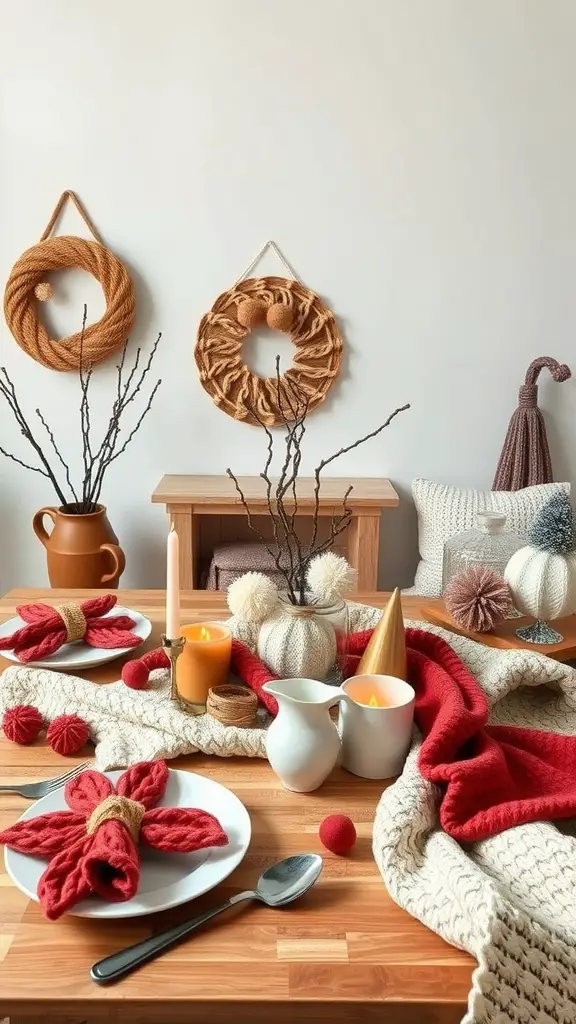 A cozy fall bridal shower table setup with knitted decor, warm colors, and inviting elements.
