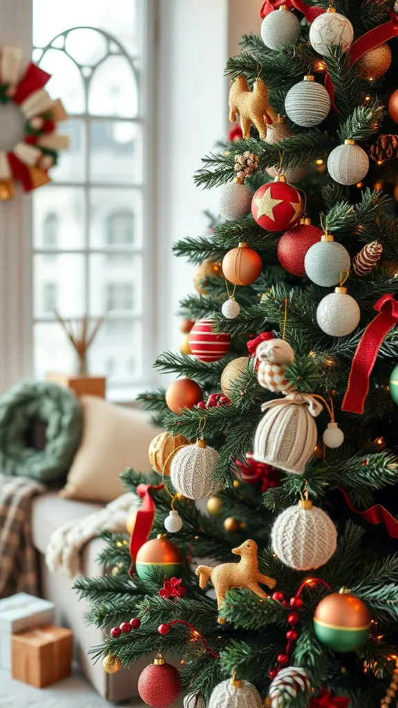 17 Creative Dollar Tree Christmas Tree Ideas on a Budget 5 A beautifully decorated Christmas tree with knitted ornaments, soft textures, and warm colors, set in a cozy living room.