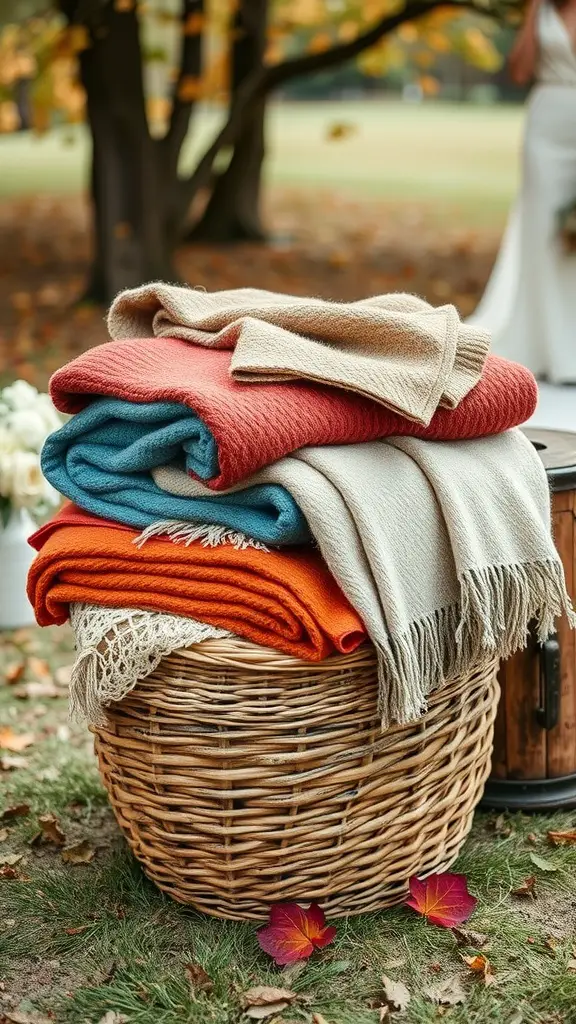 A basket filled with colorful throw blankets in autumn colors, perfect for a fall wedding.