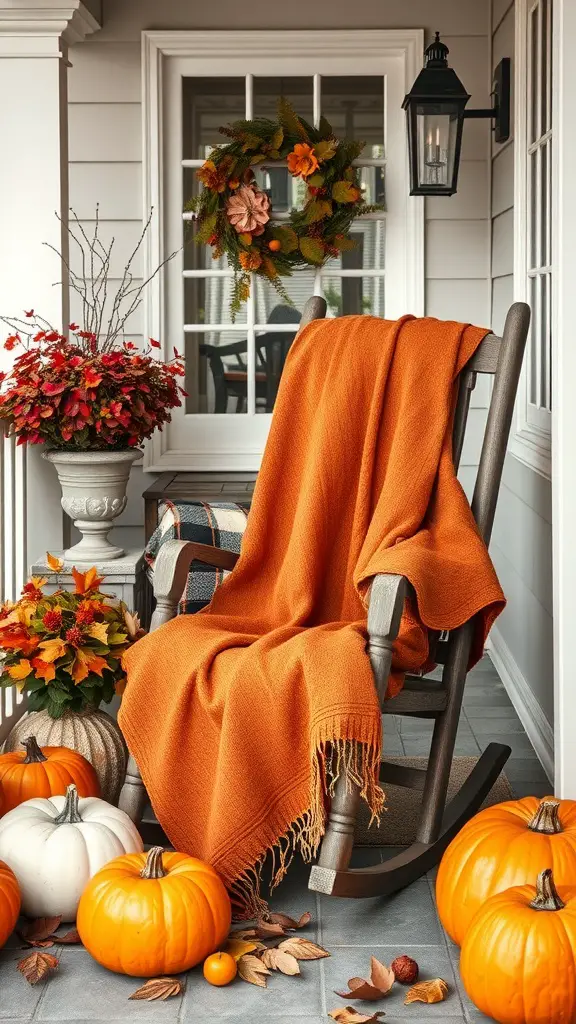 Cozy fall porch decor with an orange throw blanket, pumpkins, and a floral wreath.