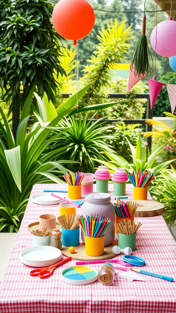 17 Fun Outdoor Birthday Party Ideas for an Unforgettable Celebration 12 A colorful outdoor craft corner for a birthday party with a variety of art supplies and decorations.