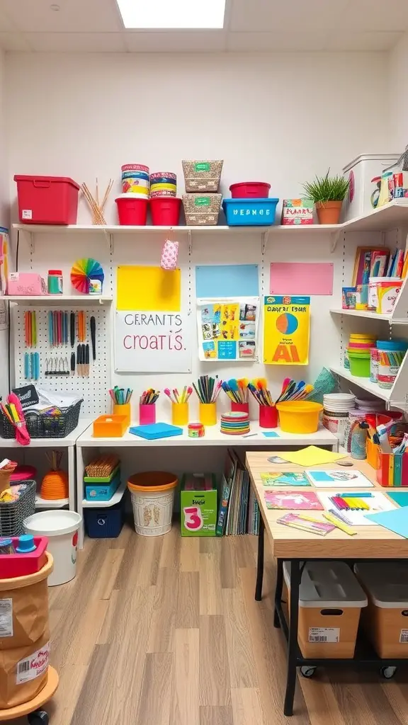 27 Creative Hangout Room Ideas for Your Space 7 A craft corner filled with colorful DIY supplies, including bins, paper, and art supplies on shelves and a table.