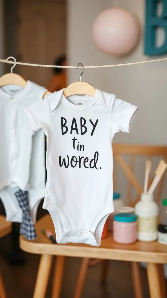 23 Creative Baby Shower Ideas for December Celebrations 12 A craft station with baby onesies hanging and colorful craft supplies on a table.