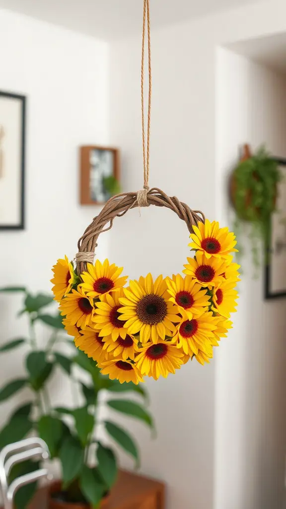 A mini sunflower wreath made of bright yellow sunflowers hanging on a wall.