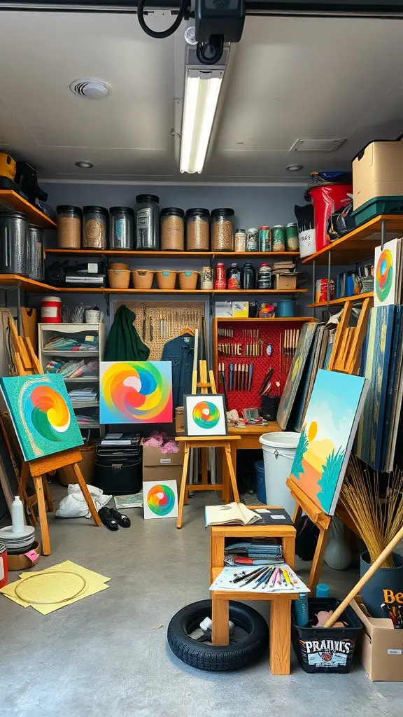 27 Creative Garage Hangout Ideas for Ultimate Chill Time 10 A colorful garage workspace featuring art supplies, paintings on easels, and organized storage.