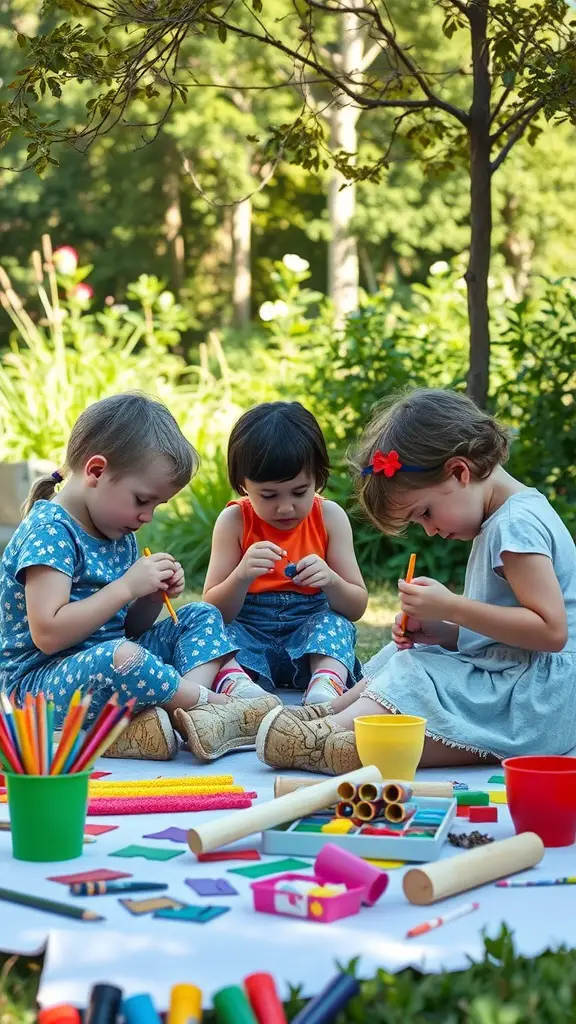 19 Fun Outdoor Birthday Party Ideas for Kids 7 Three children engaged in craft activities outdoors with colorful supplies.