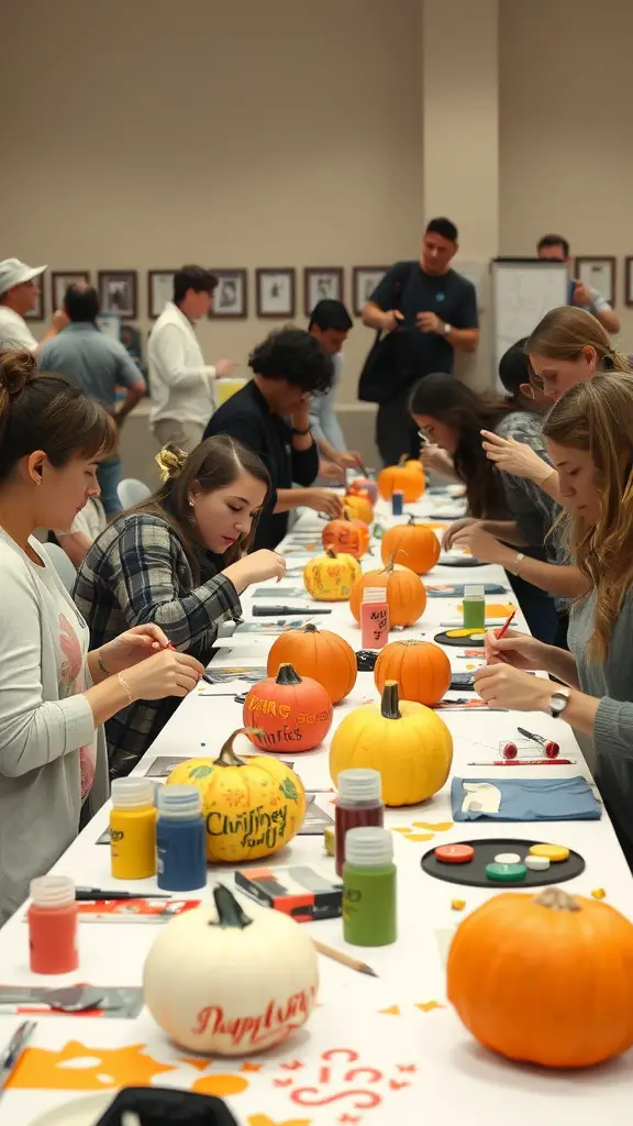 15 Adorable Ideas for a Pumpkin Baby Shower Theme 16 Group of people painting pumpkins at a baby shower craft table