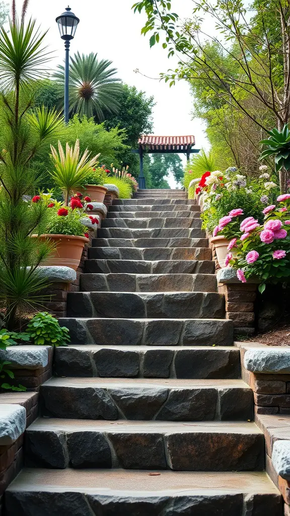 21 Stunning Landscaping Ideas Featuring Large Rocks 11 Stone steps leading through a garden filled with flowers and greenery.