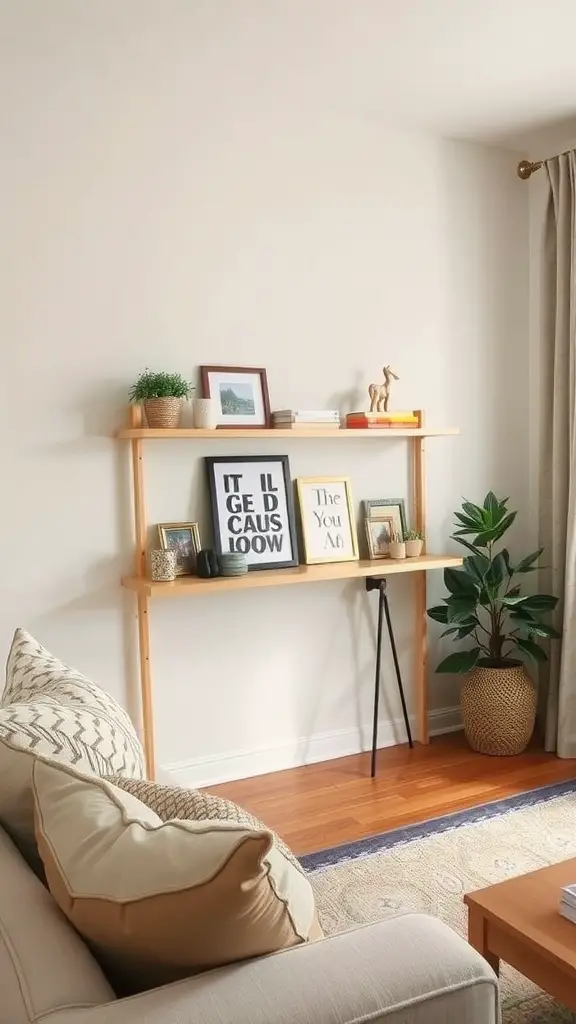 Stylish wall shelf decorated with plants and framed quotes in a cozy setting.