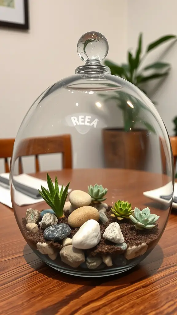 23 Creative Ways to Decorate with Plants in Your Home 11 A terrarium featuring small plants and stones inside a glass dome.
