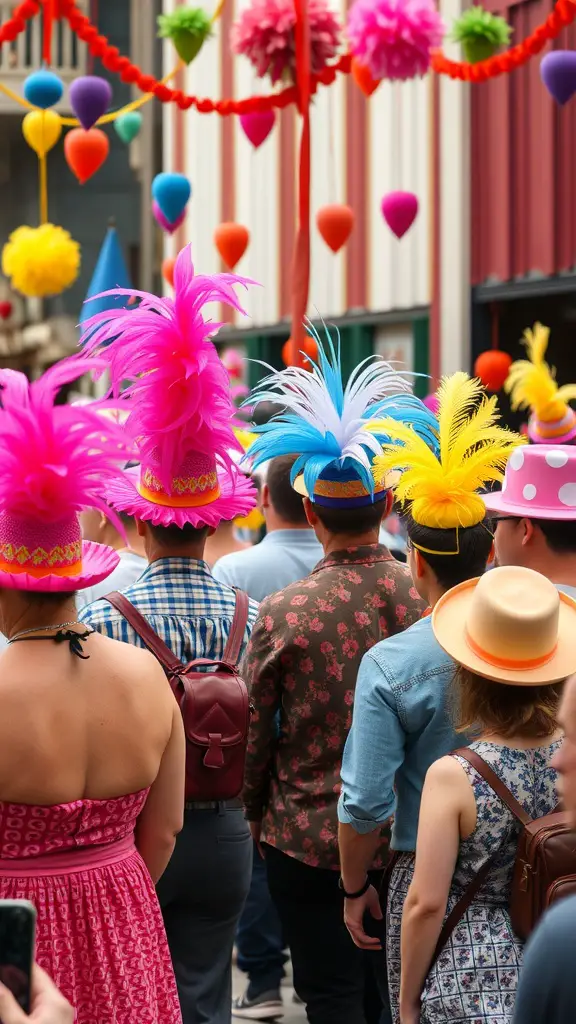 A crowd of people wearing colorful hats and festive decorations in a lively setting.