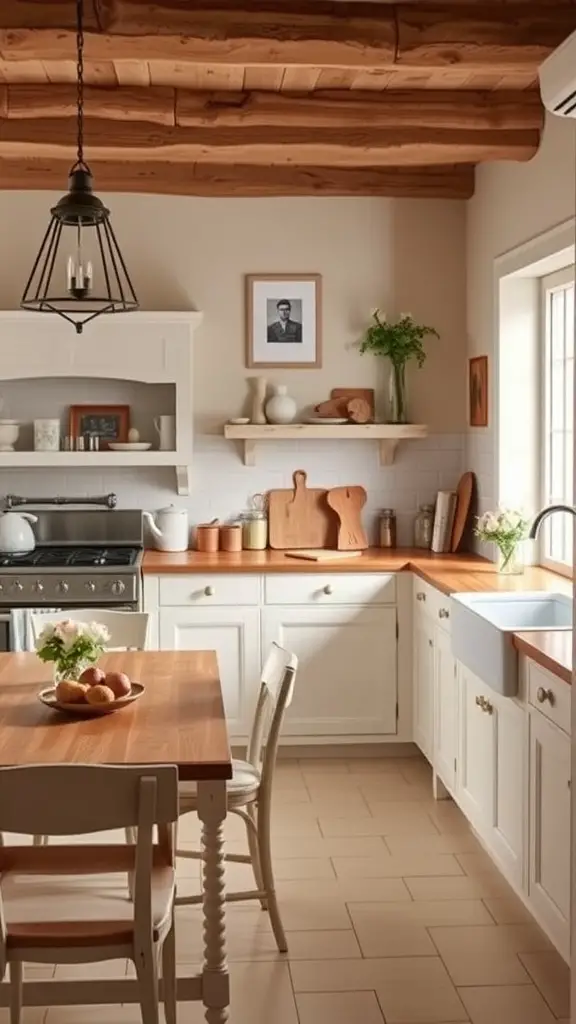 A cozy French cottage kitchen featuring creamy neutral tones, wooden beams, and a rustic dining table.