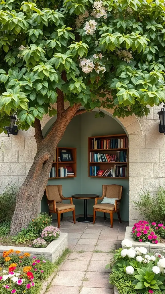 13 Stunning Backyard Makeover Ideas for Your Outdoor Oasis 9 A cozy reading nook under a tree with two chairs, a small table, and bookshelves surrounded by flowers.