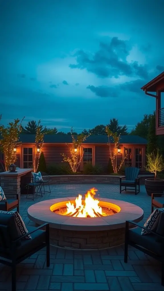 13 Stunning Backyard Makeover Ideas for Your Outdoor Oasis 6 A cozy backyard fire pit area with chairs surrounding a glowing fire, set against a twilight sky with decorative lighting.