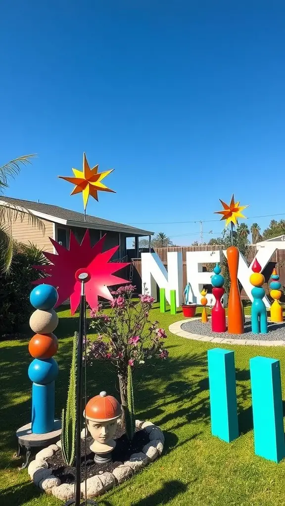 23 Creative DIY Projects to Transform Your Backyard 11 Colorful outdoor art installation featuring sculptures and vibrant shapes in a backyard.