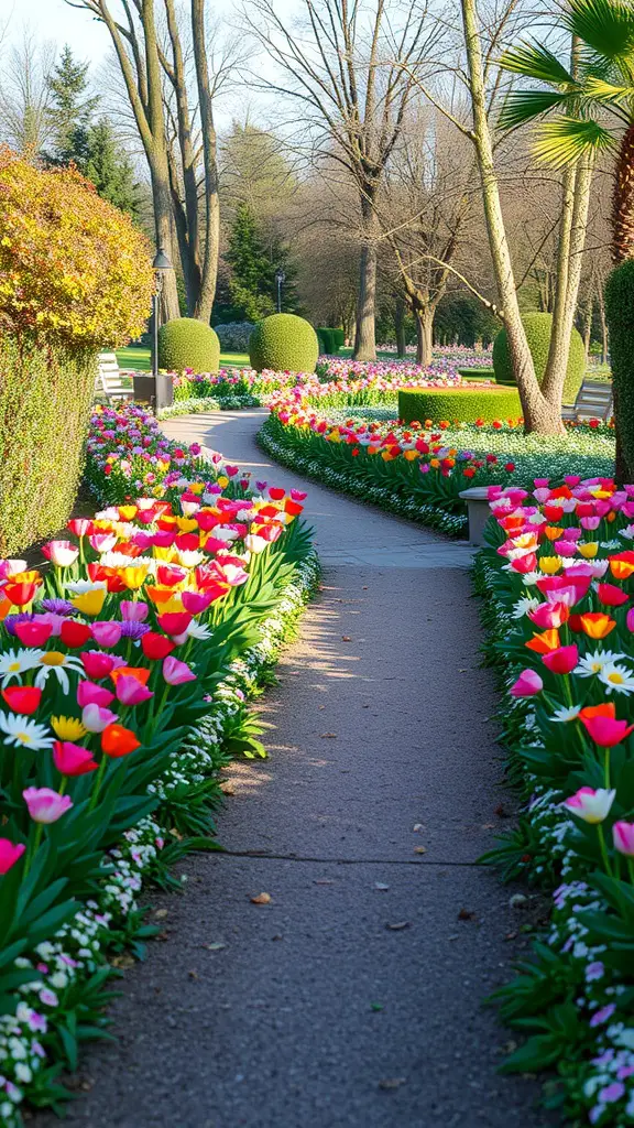 19 Stunning Floral Garden Ideas Featuring Beautiful Bulbs 14 Colorful tulip border along a pathway in a garden