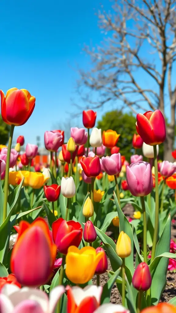 19 Stunning Floral Garden Ideas Featuring Beautiful Bulbs 7 A vibrant display of tulips in various colors blooming under a clear blue sky.