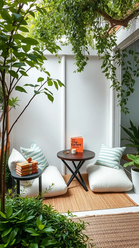 19 Stunning Backyard Oasis Ideas on a Budget 7 A cozy outdoor reading nook with cushions, a small table, and greenery.