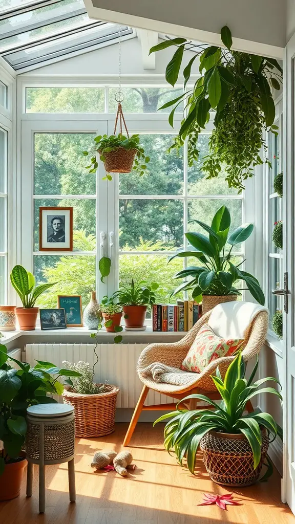 A cozy reading nook in a sunroom with a comfy chair, plants, and natural light.